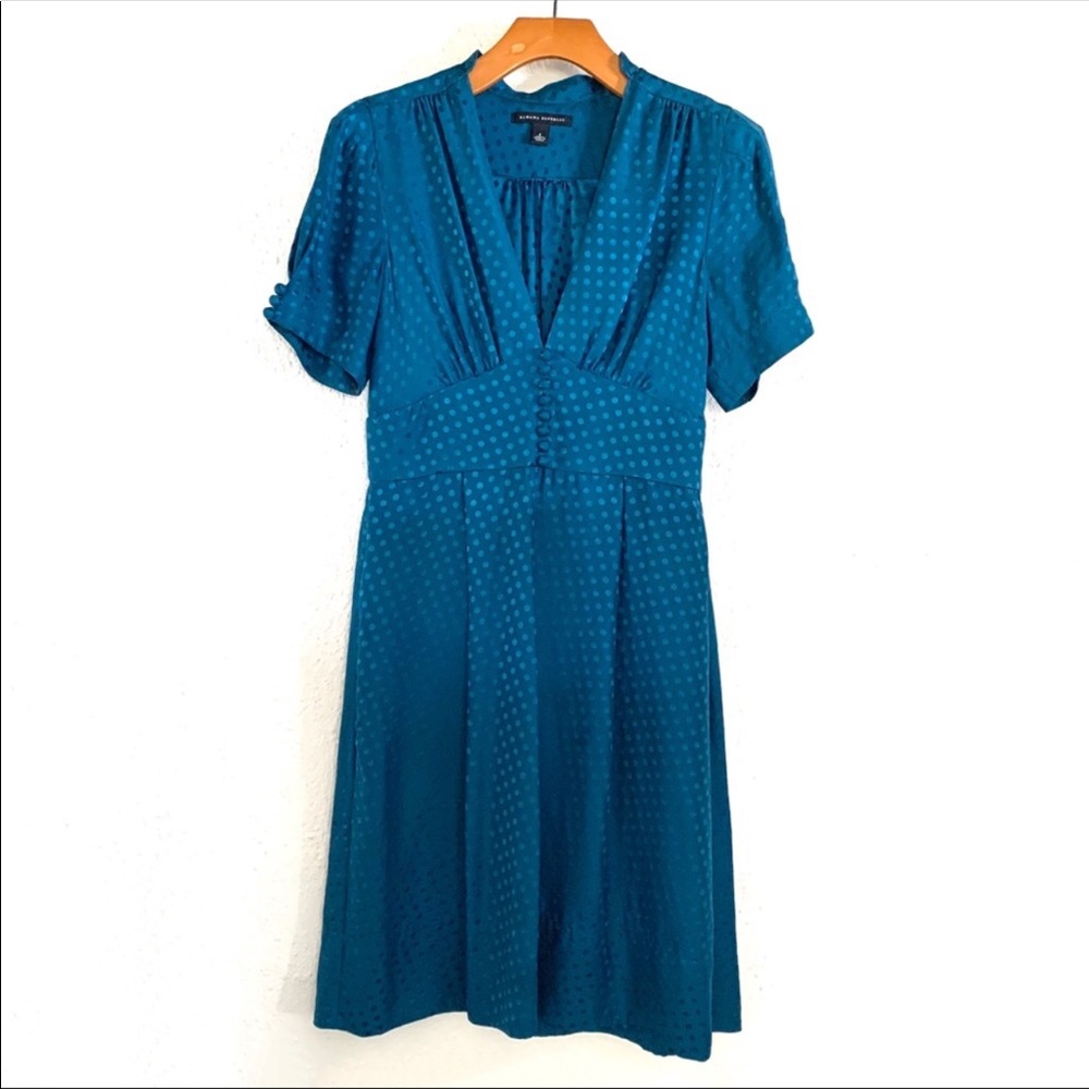 🎄Banana Republic Silk Teal Short Sleeve, Polka Dot Dress Sz 12 NWT!